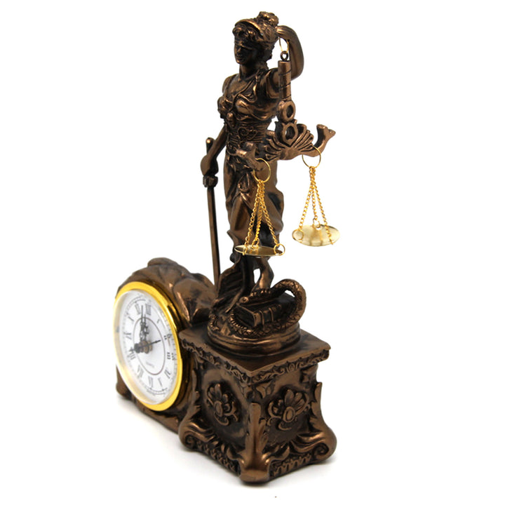 Figurilla de Temis con balanza y espada, reloj, decoración de bronce, Reina Isabel