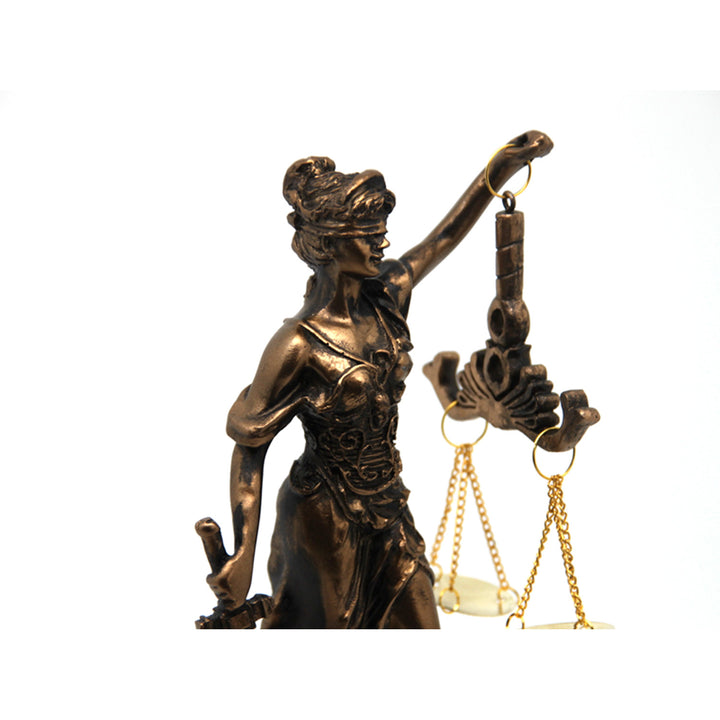 Figurilla de Temis con balanza y espada, reloj, decoración de bronce, Reina Isabel