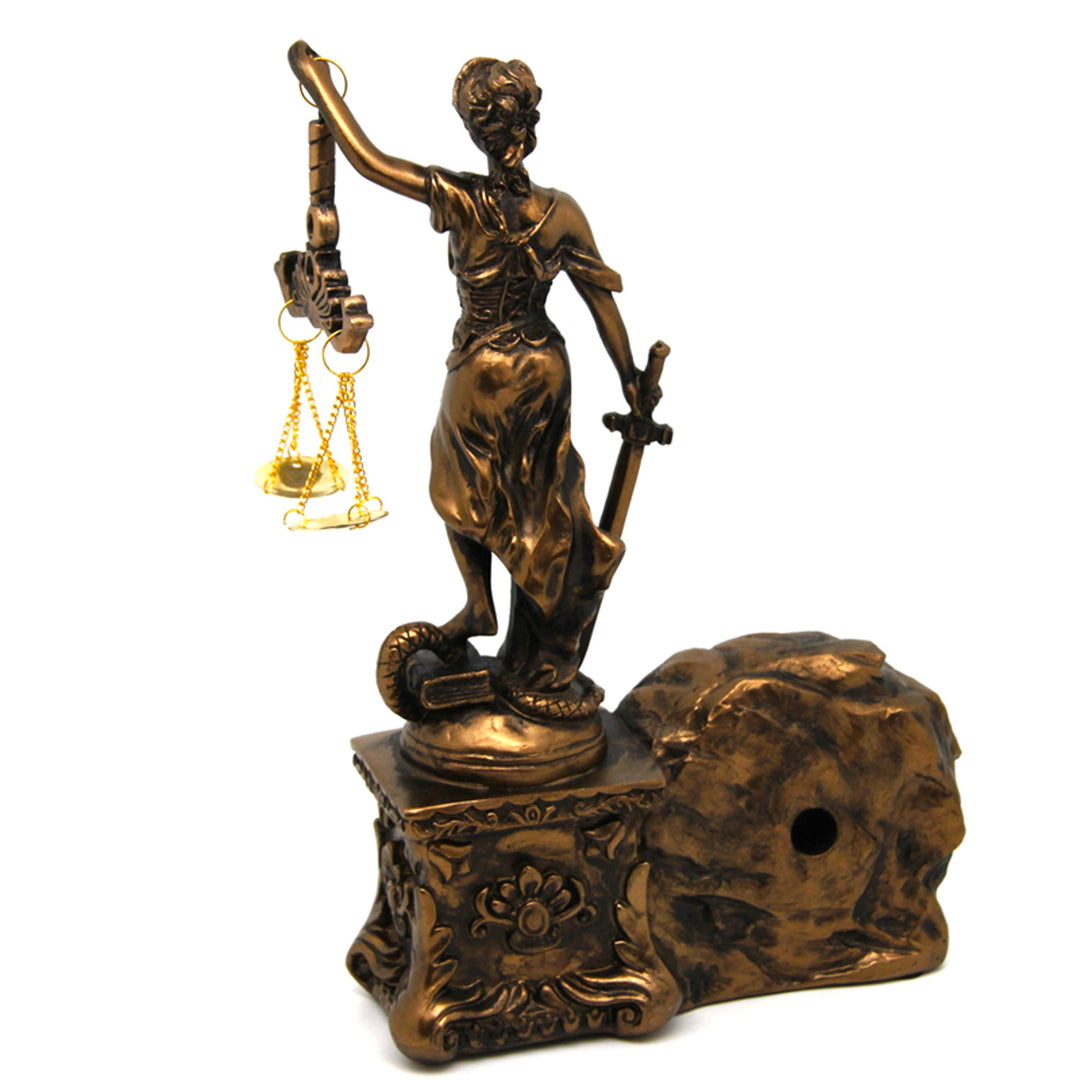 Figurilla de Temis con balanza y espada, reloj, decoración de bronce, Reina Isabel
