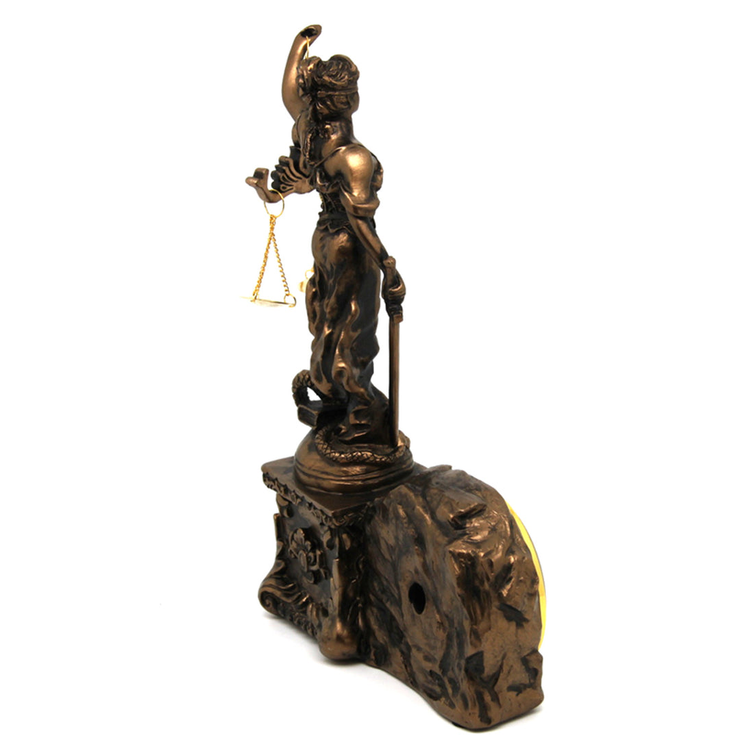 Figurilla de Temis con balanza y espada, reloj, decoración de bronce, Reina Isabel