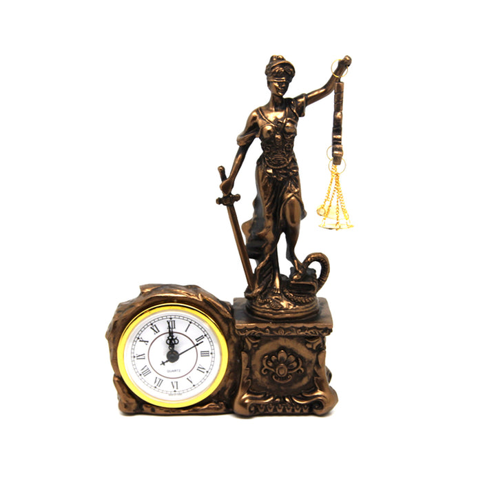 Figurilla de Temis con balanza y espada, reloj, decoración de bronce, Reina Isabel