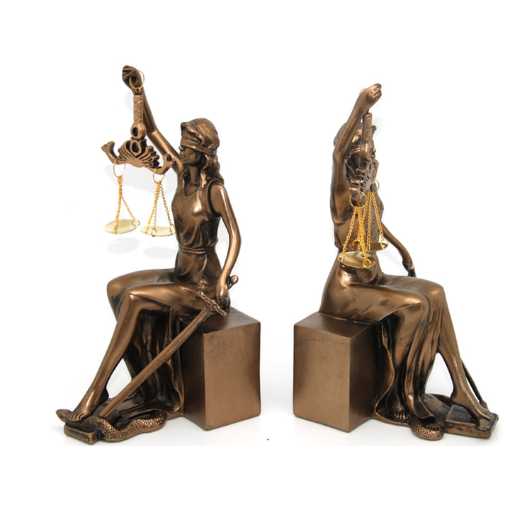 Figurillas de Themis con escamas y espada, apoyalibros, Reina Isabel, 2 piezas