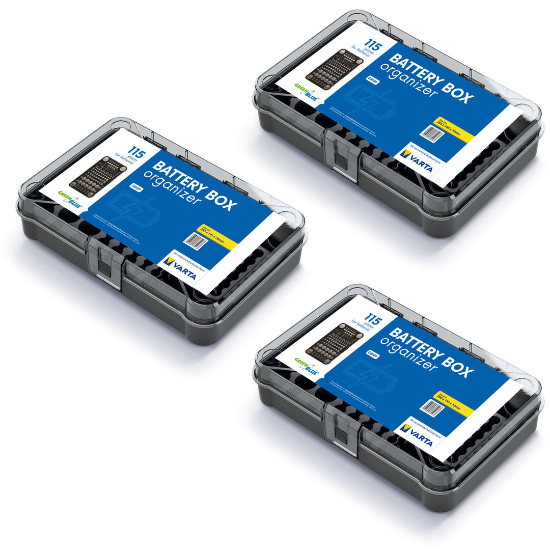 Organizador de pilas GreenBlue, tapa transparente, 115 espacios, Varta Box GB189, 3 piezas
