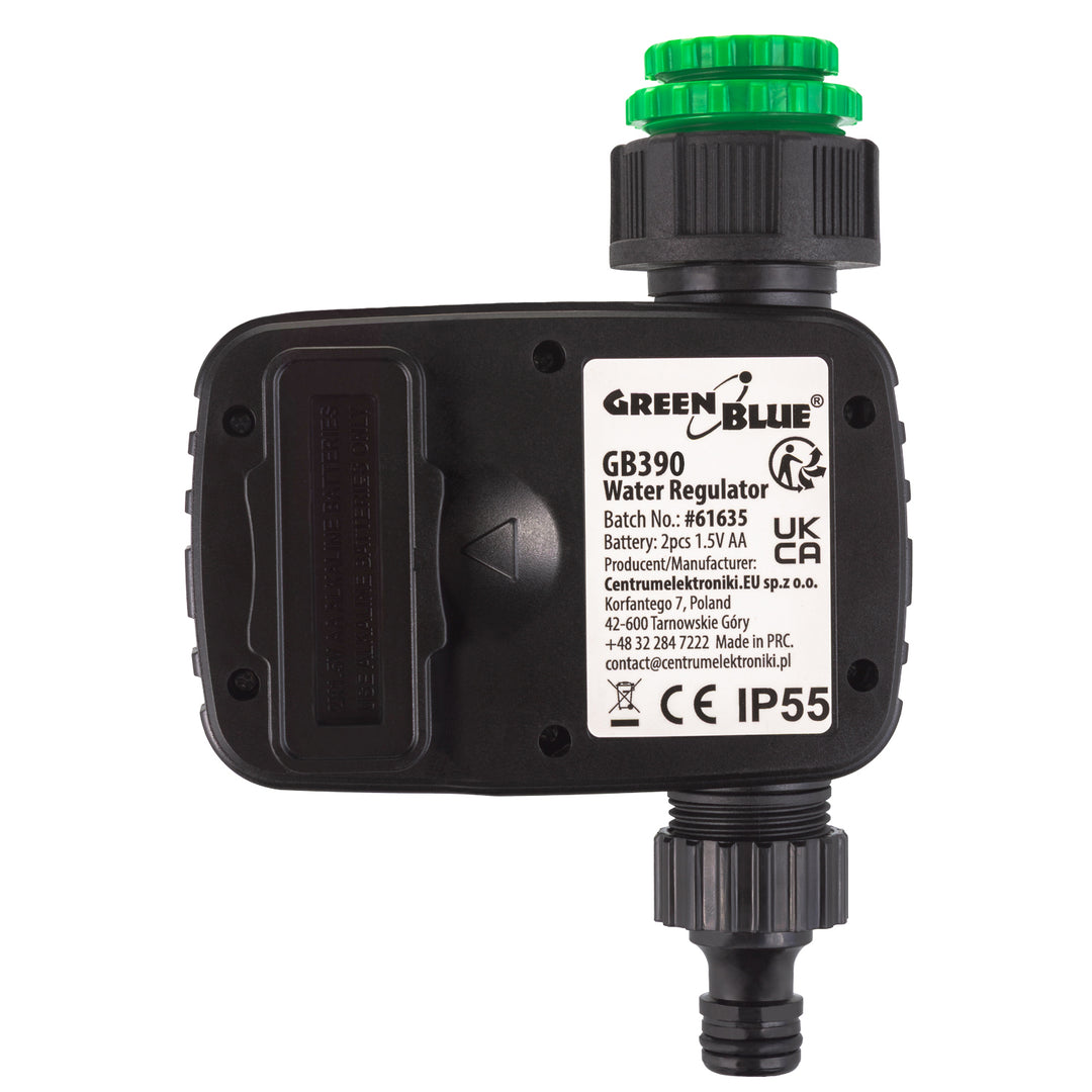 Controlador electrónico de riego GreenBlue, programador, fuente de alimentación 2x1,5V AA, GB390 + 2x pila alcalina Varta Industrial AA