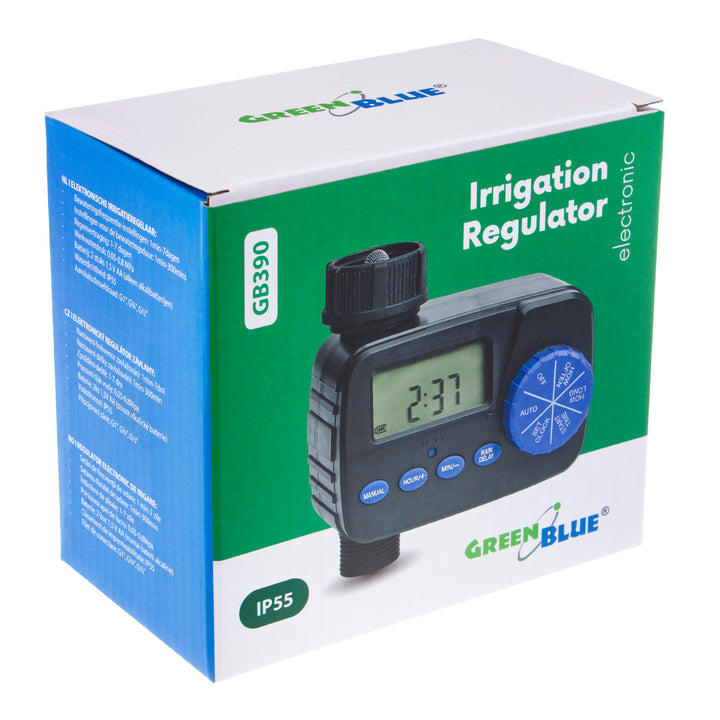 Controlador electrónico de riego GreenBlue, programador, fuente de alimentación 2x1,5V AA, GB390 + 2x pila alcalina Varta Industrial AA