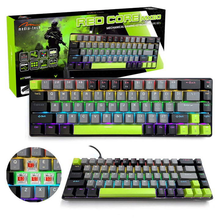 Teclado mecánico 60% RED CORE MX60 MT1260, iluminación de teclas, Mediatech