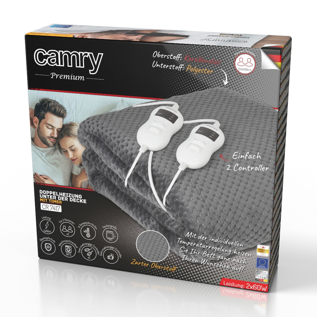 Manta eléctrica Camry, para 2 personas, dimensiones 150x160cm, 8 niveles de calefacción, potencia 2 x 60W, gris, CR 7417