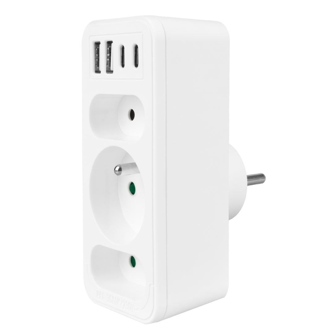 Toma de corriente x3 + 4xUSB Maclean, divisor de 3 tomas, 2xUSB A, 2xUSB C PD 20W, 1x16A + 2x6A, MCE248 F/W, 2 piezas