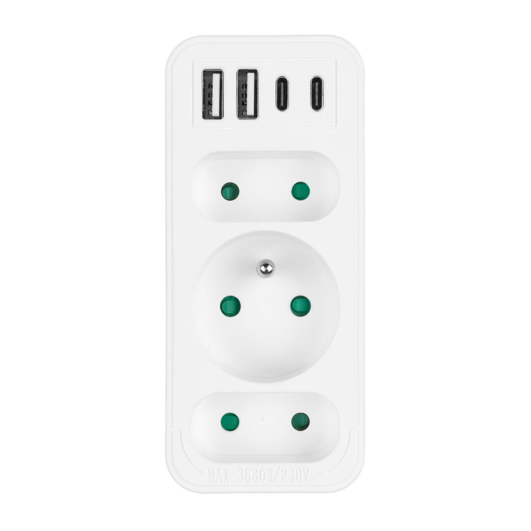 Toma de corriente x3 + 4xUSB Maclean, divisor de 3 tomas, 2xUSB A, 2xUSB C PD 20W, 1x16A + 2x6A, MCE248 F/W, 2 piezas