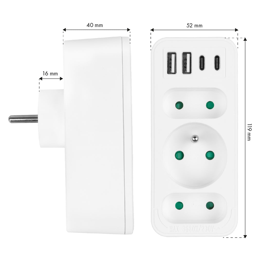 Toma de corriente x3 + 4xUSB Maclean, divisor de 3 tomas, 2xUSB A, 2xUSB C PD 20W, 1x16A + 2x6A, MCE248 F/W, 2 piezas