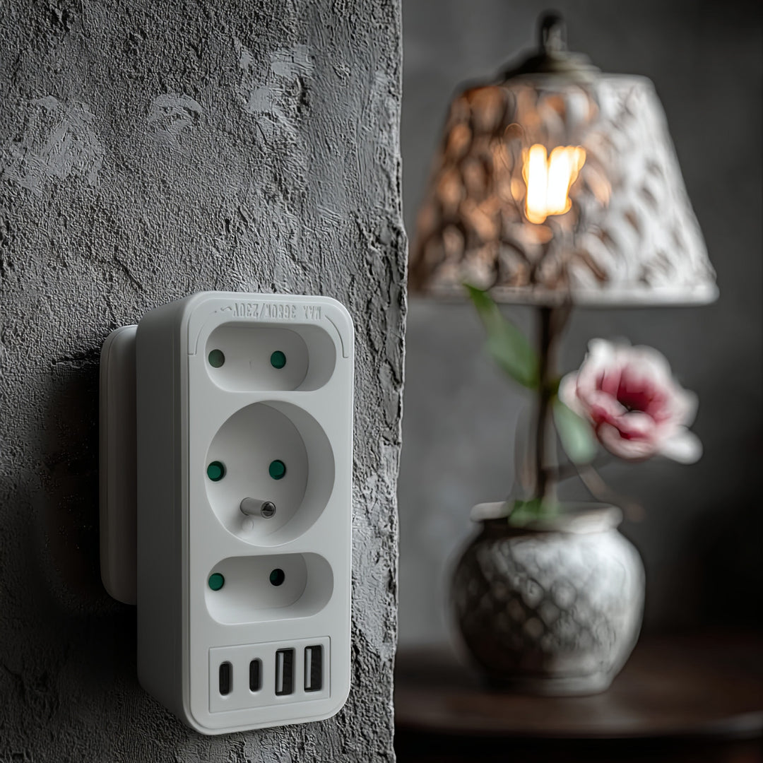 Toma de corriente x3 + 4xUSB Maclean, divisor de 3 tomas, 2xUSB A, 2xUSB C PD 20W, 1x16A + 2x6A, MCE248 F/W, 2 piezas