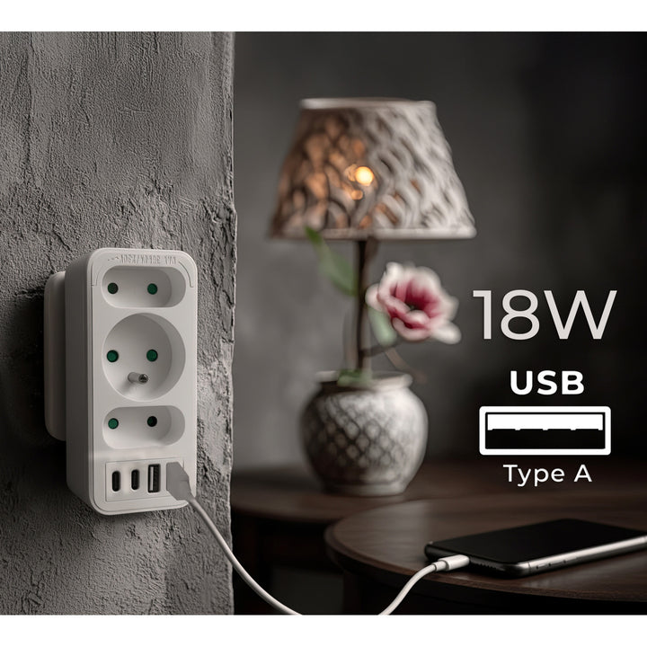 Toma de corriente x3 + 4xUSB Maclean, divisor de 3 tomas, 2xUSB A, 2xUSB C PD 20W, 1x16A + 2x6A, MCE248 F/W, 3 piezas
