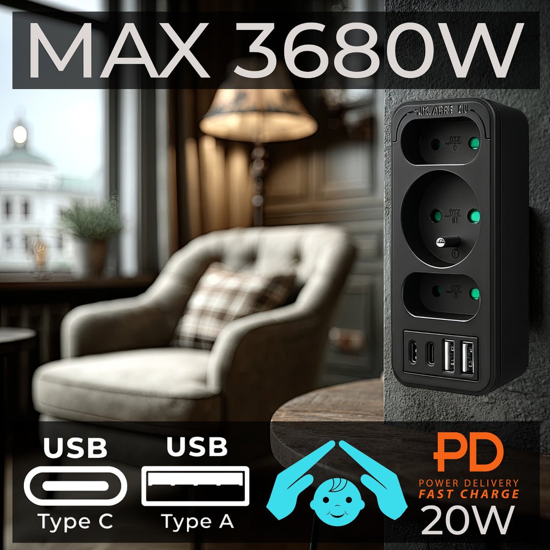 Toma de corriente x3 + 4xUSB Maclean, divisor de 3 tomas, 2xUSB A, 2xUSB C PD 20W, 1x16A + 2x6A, MCE248 F/B, 2 unidades