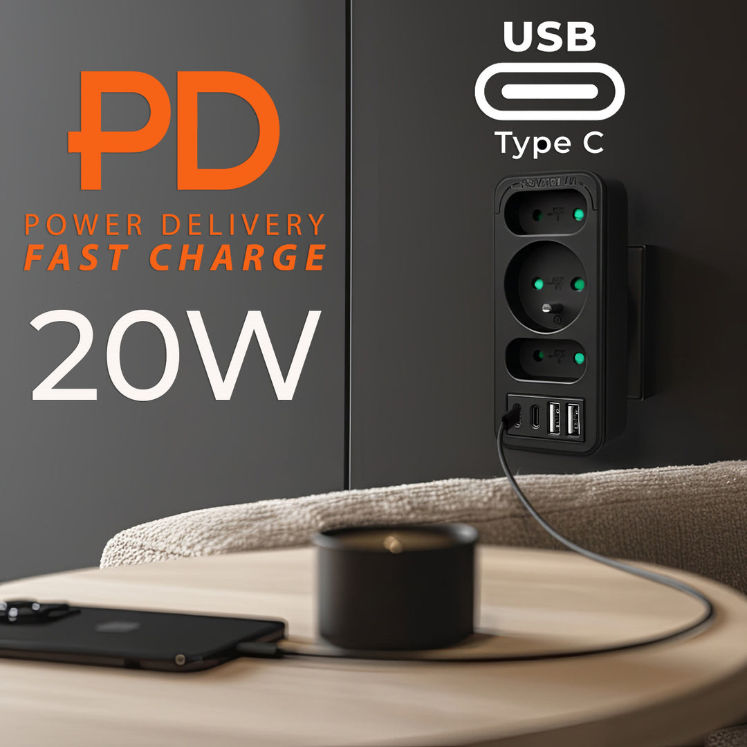 Toma de corriente x3 + 4xUSB Maclean, divisor de 3 tomas, 2xUSB A, 2xUSB C PD 20W, 1x16A + 2x6A, MCE248 F/B, 2 unidades