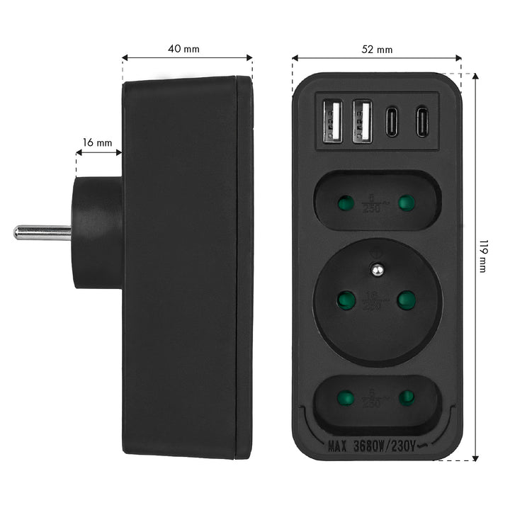 Toma de corriente x3 + 4xUSB Maclean, divisor de 3 tomas, 2xUSB A, 2xUSB C PD 20W, 1x16A + 2x6A, MCE248 F/B, 3 piezas