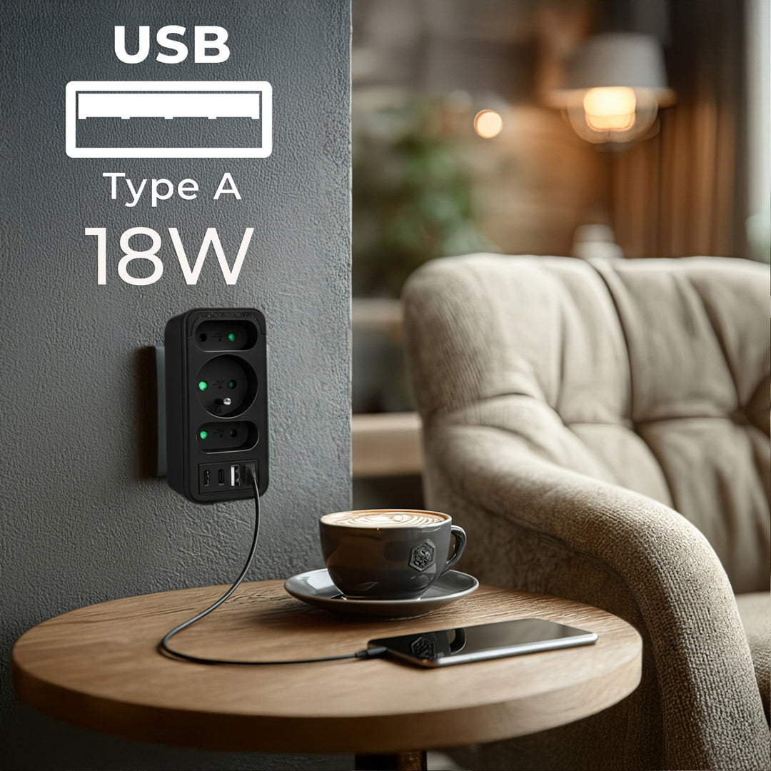 Toma de corriente x3 + 4xUSB Maclean, divisor de 3 tomas, 2xUSB A, 2xUSB C PD 20W, 1x16A + 2x6A, MCE248 F/B, 3 piezas