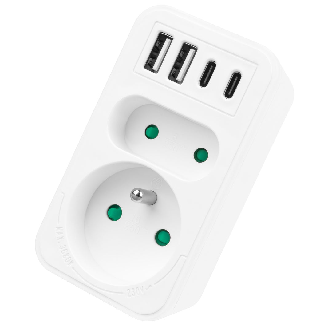 Toma de corriente Maclean x2 + 4xUSB, divisor con 2 tomas, 2xUSB A, 2xUSB C PD 20W, 1x16A + 1x6A, MCE249 F/W, 2 piezas