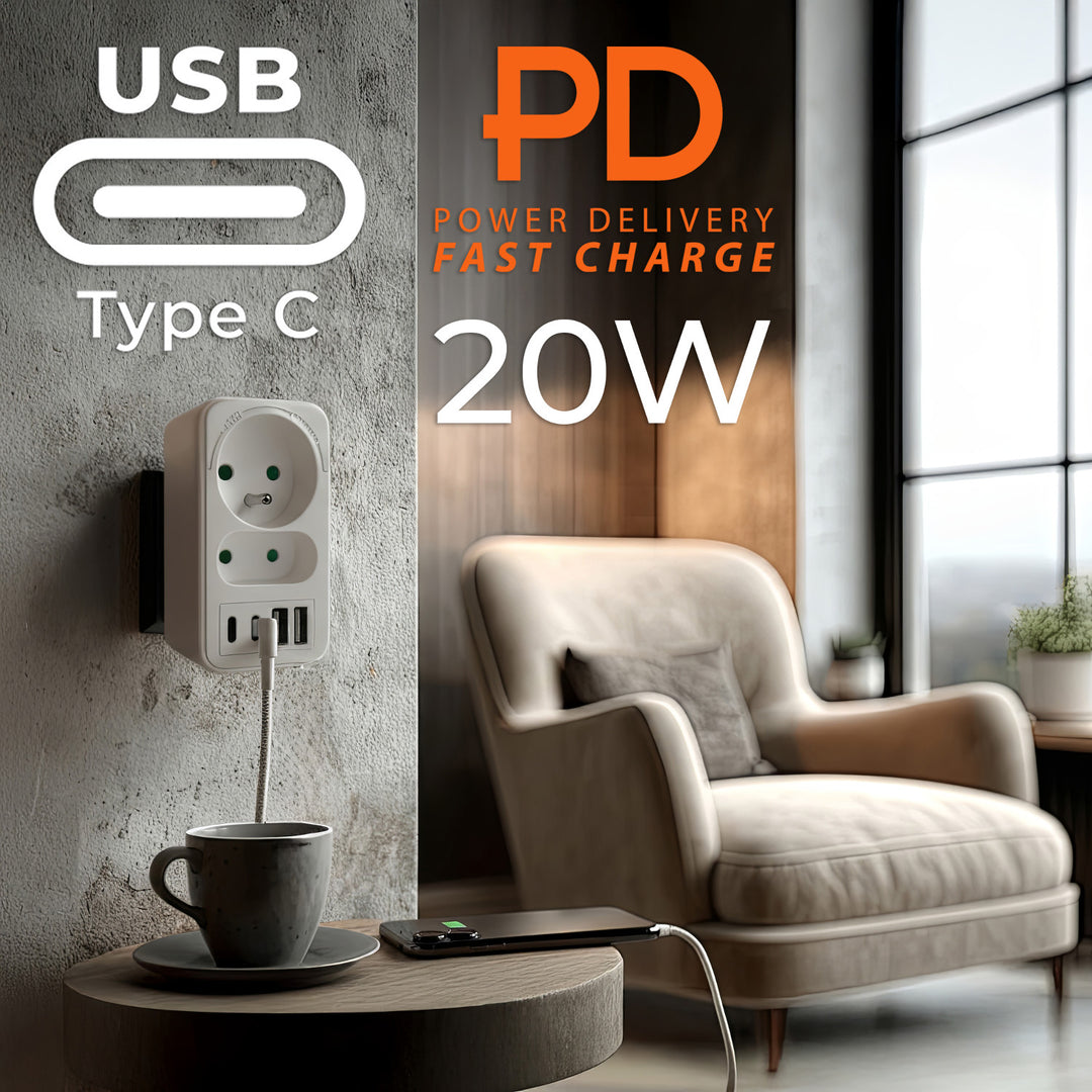 Toma de corriente Maclean x2 + 4xUSB, divisor con 2 tomas, 2xUSB A, 2xUSB C PD 20W, 1x16A + 1x6A, MCE249 F/W, 2 piezas