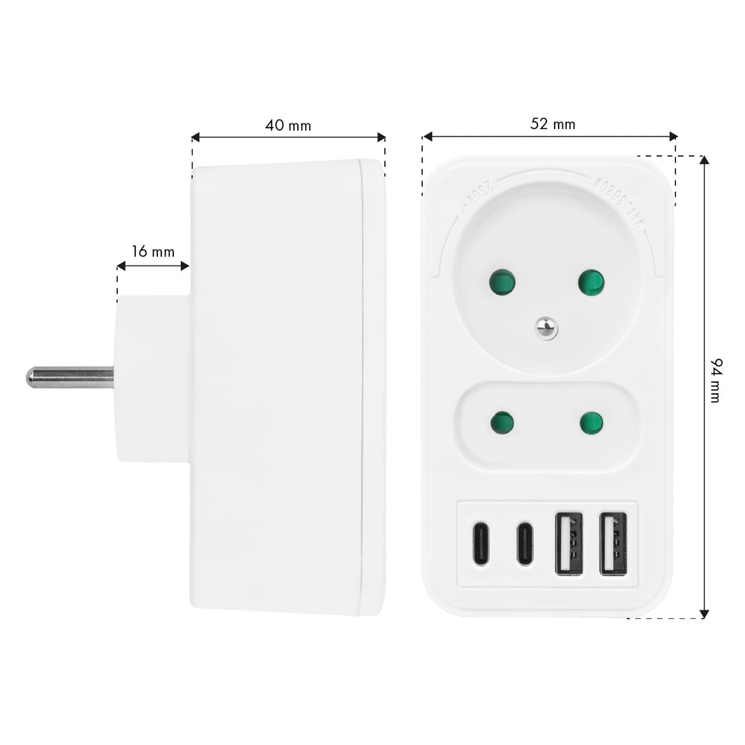 Toma de corriente Maclean x2 + 4xUSB, divisor con 2 tomas, 2xUSB A, 2xUSB C PD 20W, 1x16A + 1x6A, MCE249 F/W, 3 piezas