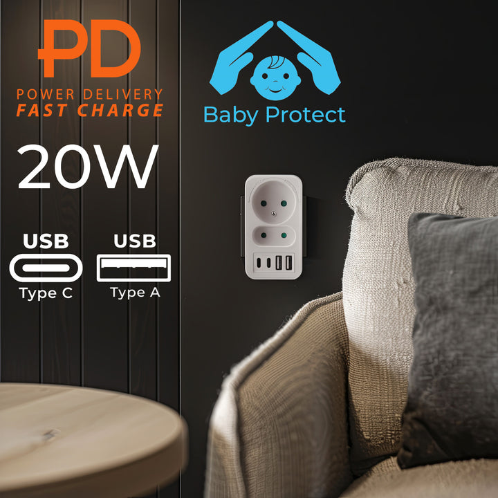 Toma de corriente Maclean x2 + 4xUSB, divisor con 2 tomas, 2xUSB A, 2xUSB C PD 20W, 1x16A + 1x6A, MCE249 F/W, 3 piezas