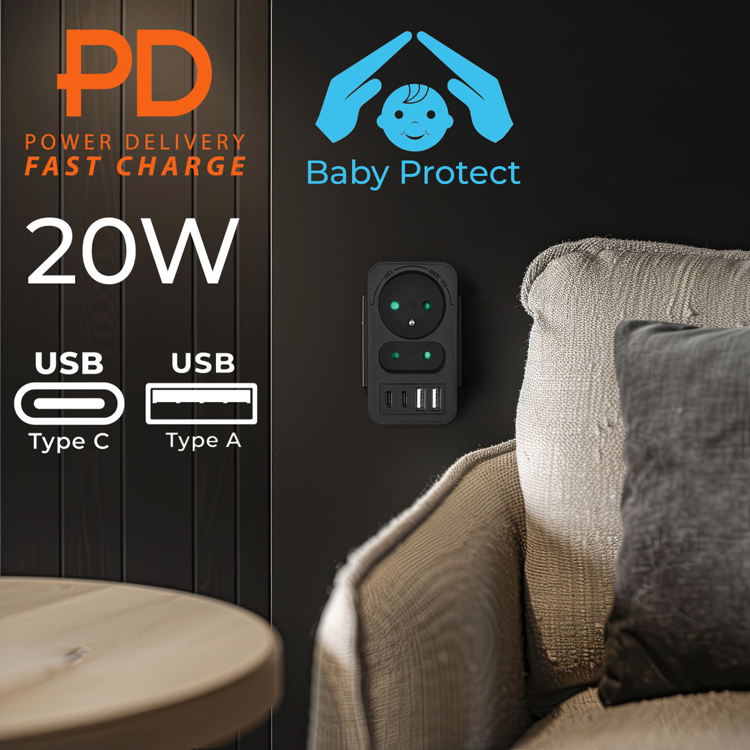 Toma de corriente Maclean x2 + 4xUSB, divisor con 2 tomas, 2xUSB A, 2xUSB C PD 20W, 1x16A + 1x6A, MCE249 F/B, 2 piezas