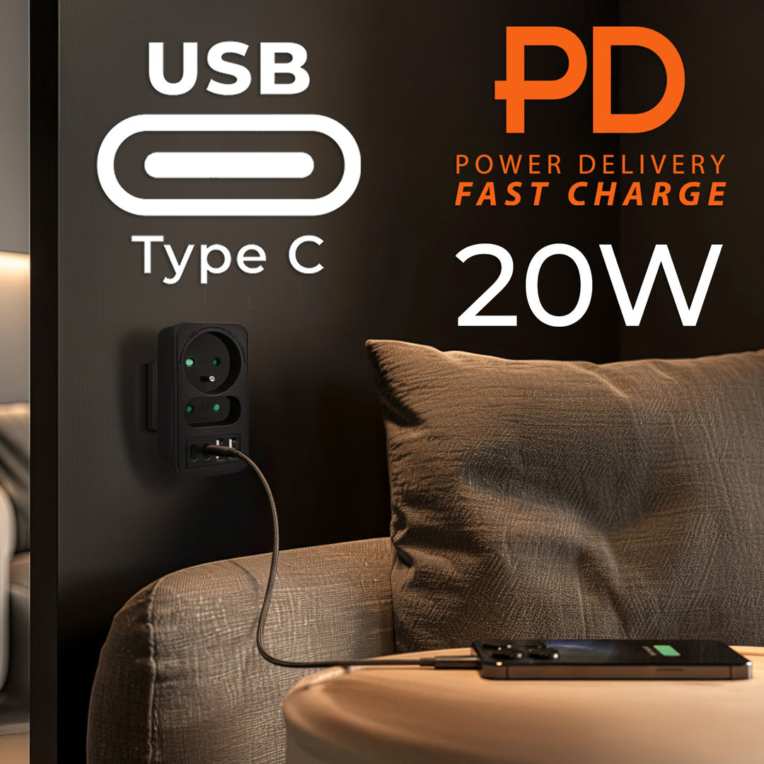 Toma de corriente Maclean x2 + 4xUSB, divisor con 2 tomas, 2xUSB A, 2xUSB C PD 20W, 1x16A + 1x6A, MCE249 F/B, 3 piezas