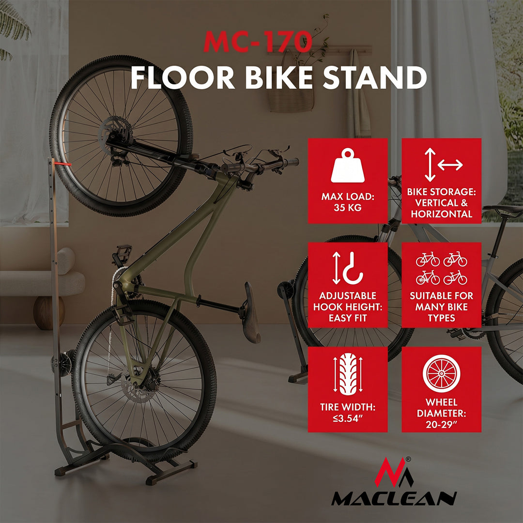 Soporte de suelo para bicicletas Maclean, independiente, horizontal/vertical, para almacenamiento, acero, carga máxima de 35 kg, MC-170