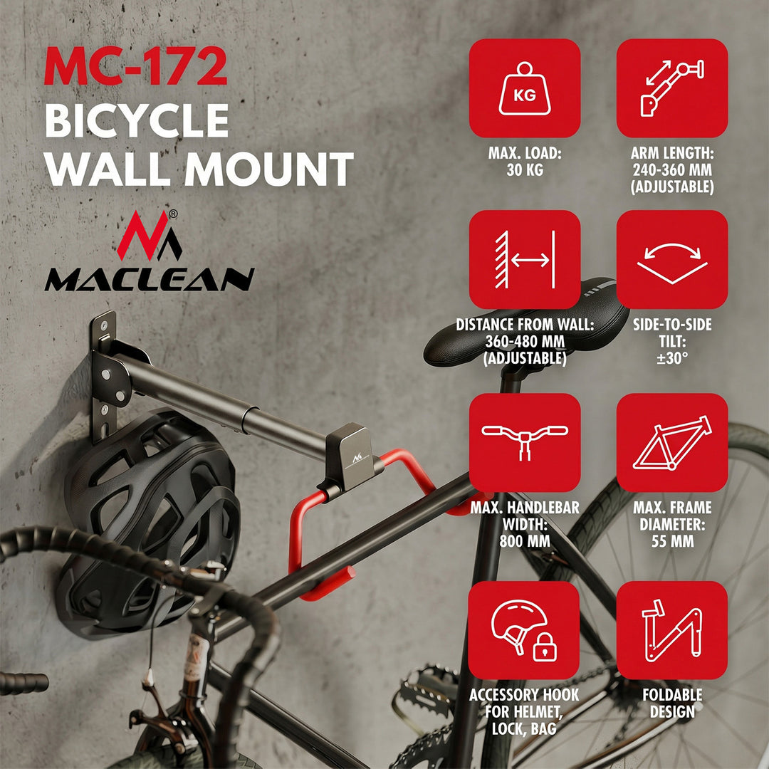Soporte/colgador de pared para bicicletas Maclean, horizontal, acero, carga máxima de 30 kg, ángulo ajustable, MC-172