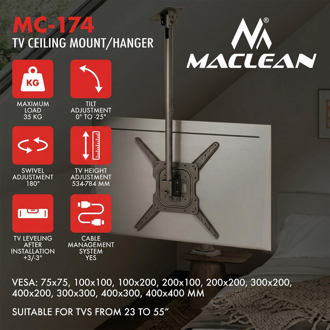 Soporte / colgador de techo para televisores Maclean, carga máxima de 35 kg, 23-55", VESA máximo 400x400, MC-174