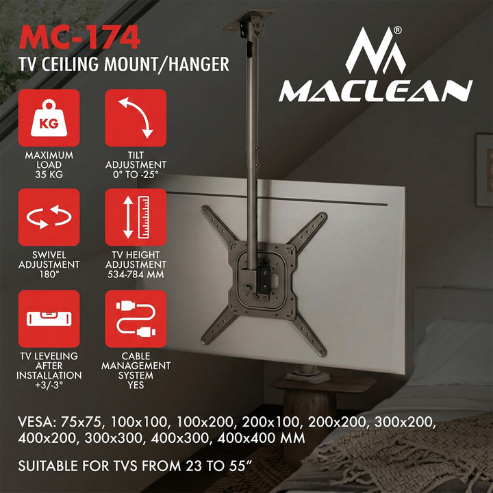 Soporte / colgador de techo para televisores Maclean, carga máxima de 35 kg, 23-55", VESA máximo 400x400, MC-174