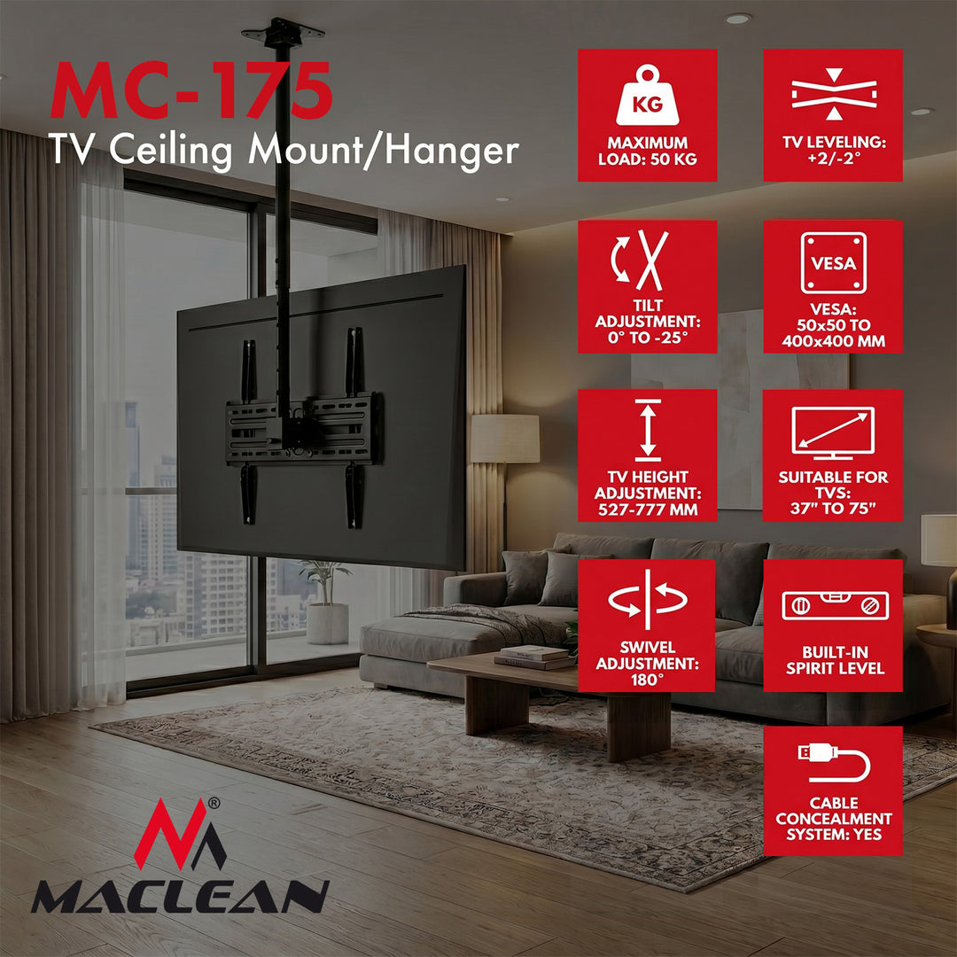 Soporte / colgador de techo para televisor Maclean, carga máxima de 50 kg, 37-75", VESA máximo 400x400, MC-175