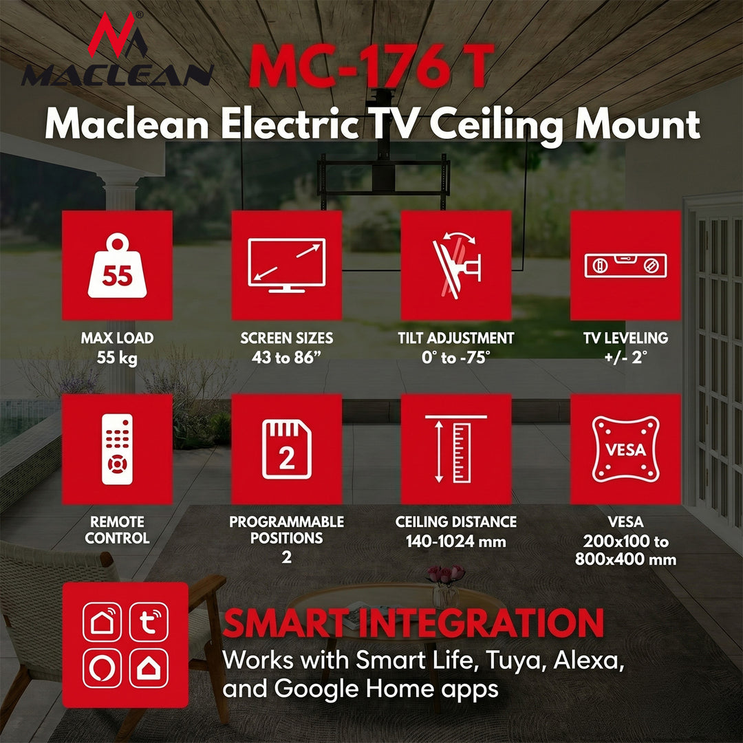 Soporte eléctrico para televisor Maclean, de techo, compatible con Tuya, VESA máx. 800x400, para televisores de 43-86", máx. 55 kg, MC-176 T