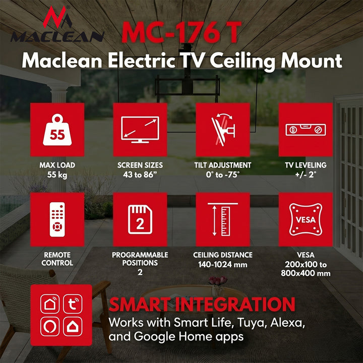 Soporte eléctrico para televisor Maclean, de techo, compatible con Tuya, VESA máx. 800x400, para televisores de 43-86", máx. 55 kg, MC-176 T
