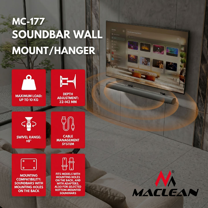 Soporte / colgador de pared para barra de sonido Maclean, ajuste del ángulo de +8° a -8°, carga máxima de 10 kg, fabricado en acero, MC-177