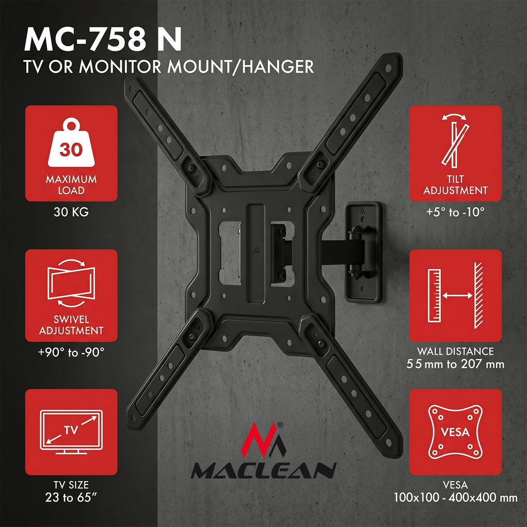 Soporte / colgador para TV o monitor Maclean, máx. 23-65", carga máxima de 30 kg, universal, VESA máx. 400x400, MC-758 N