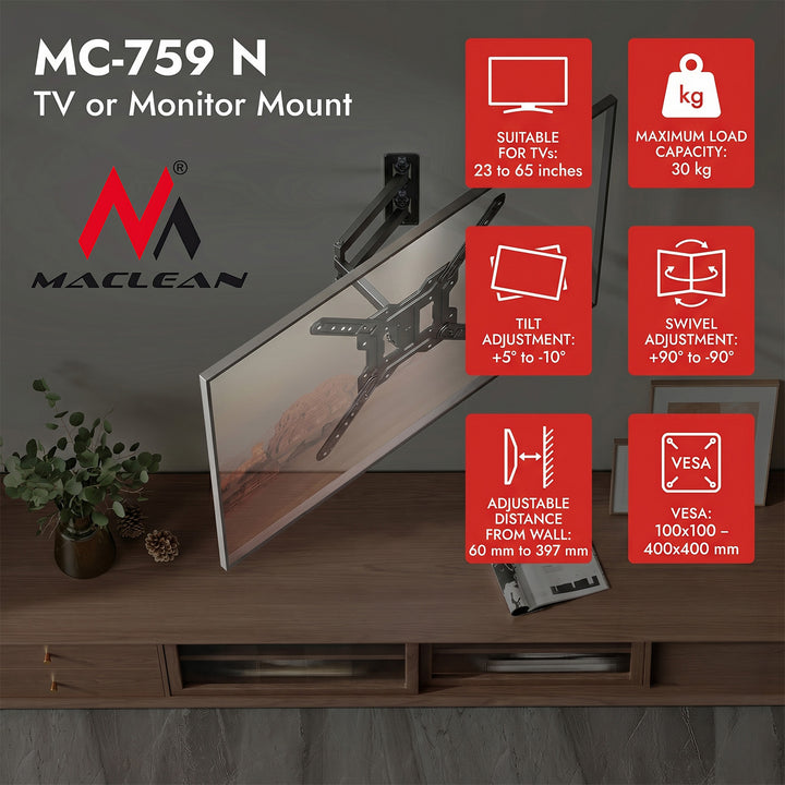 Soporte / colgador para TV o monitor Maclean, máx. 23-65", carga máxima 30 kg, universal, VESA máx. 400x400, MC-759 N