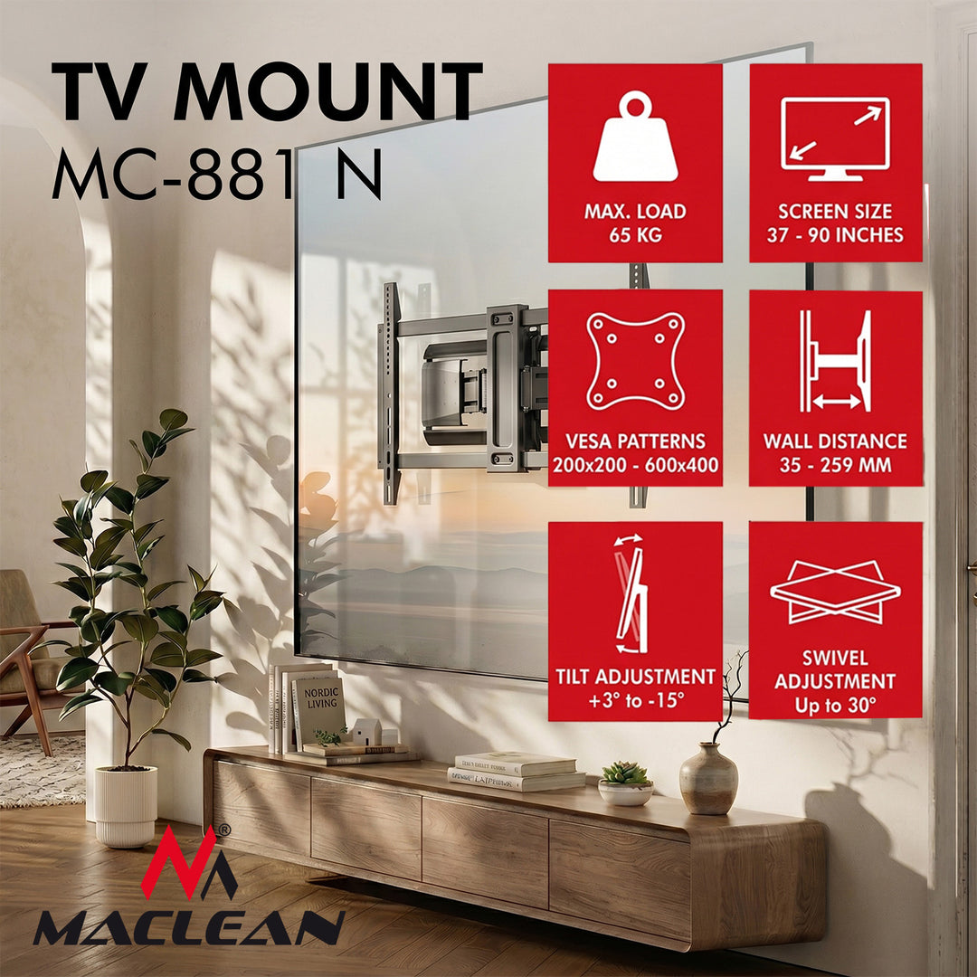 Soporte / colgador para televisor Maclean, VESA máx. 600x400, 37-90", carga máx. 65 kg, negro, MC-881 N