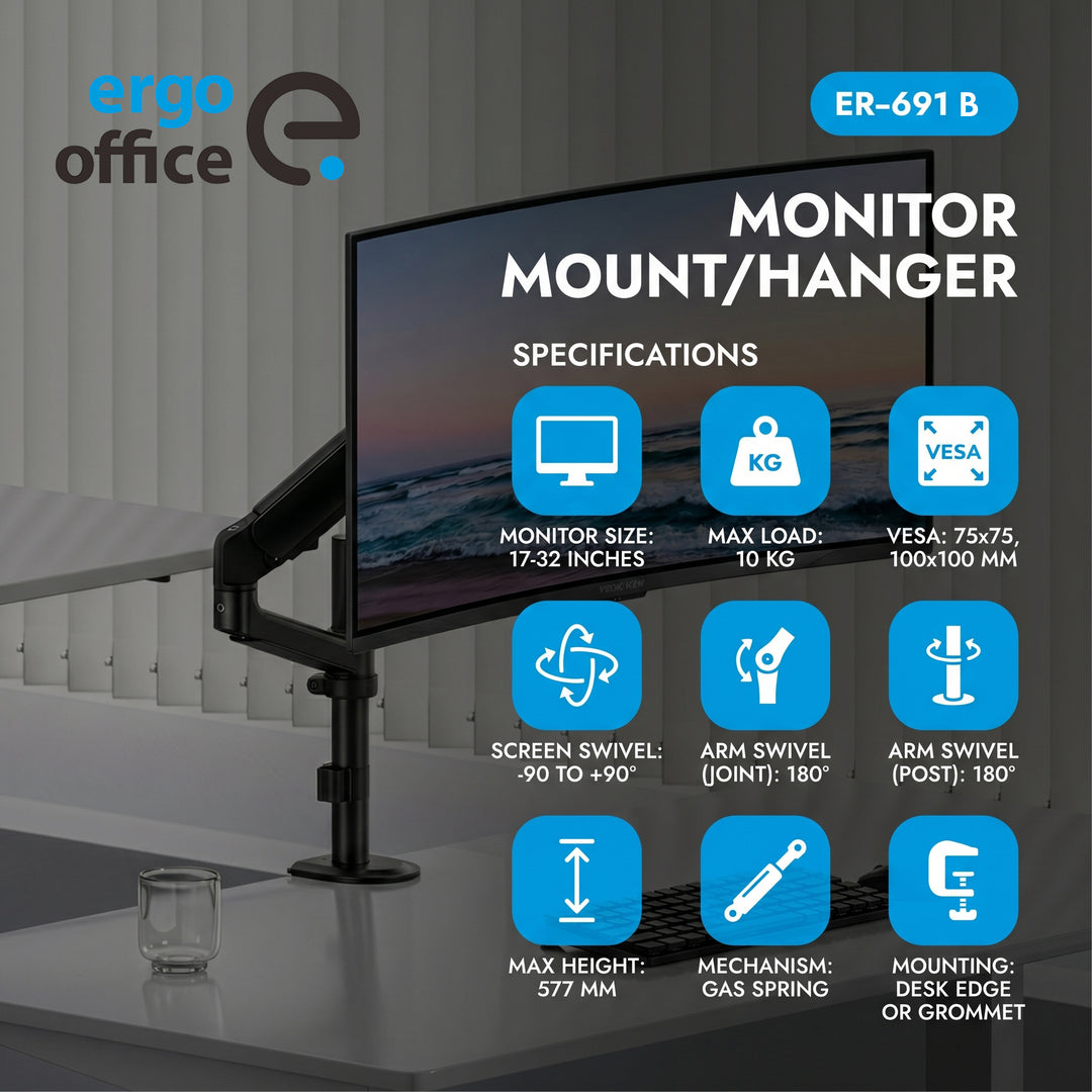 Soporte / colgador para monitor Ergo Office, resorte de gas, 17"-32", 1-10 kg, negro mate, VESA máx. 100x100, ER-691 B