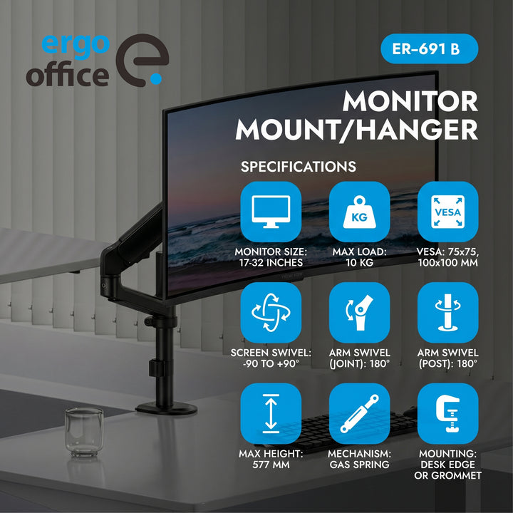 Soporte / colgador para monitor Ergo Office, resorte de gas, 17"-32", 1-10 kg, negro mate, VESA máx. 100x100, ER-691 B