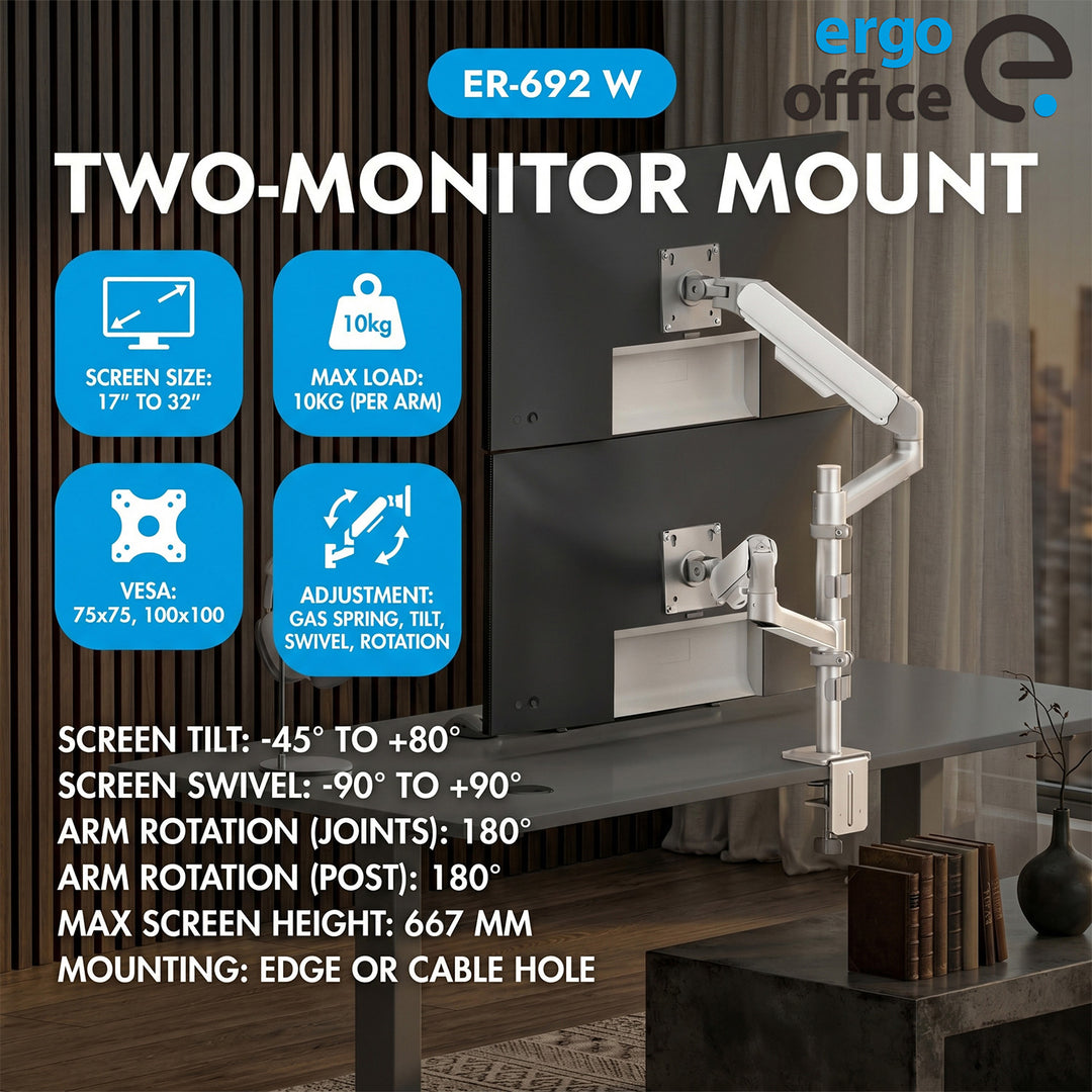 Soporte / colgador para 2 monitores Ergo Office, resorte de gas, 17"-32", 1-10 kg, blanco mate, ER-692 W