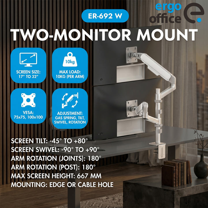 Soporte / colgador para 2 monitores Ergo Office, resorte de gas, 17"-32", 1-10 kg, blanco mate, ER-692 W