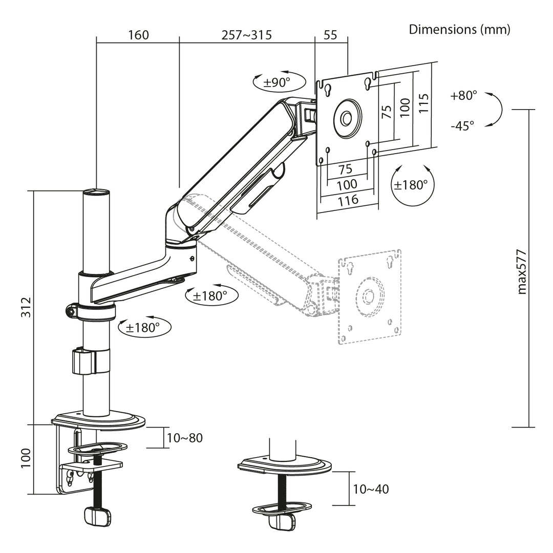Soporte / colgador para monitor Ergo Office, resorte de gas, 17"-32", 1-10 kg, blanco mate, VESA máx. 100x100, ER-691 W