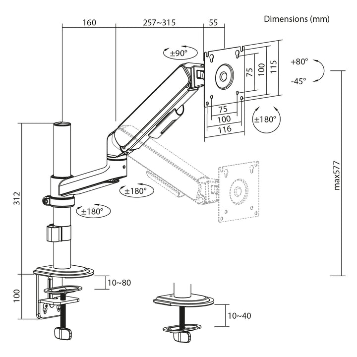 Soporte / colgador para monitor Ergo Office, resorte de gas, 17"-32", 1-10 kg, blanco mate, VESA máx. 100x100, ER-691 W
