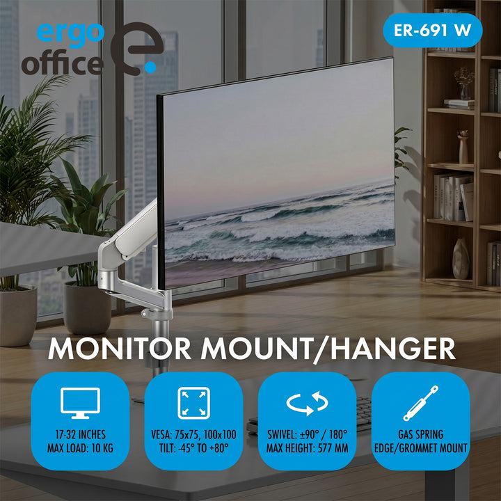 Soporte / colgador para monitor Ergo Office, resorte de gas, 17"-32", 1-10 kg, blanco mate, VESA máx. 100x100, ER-691 W