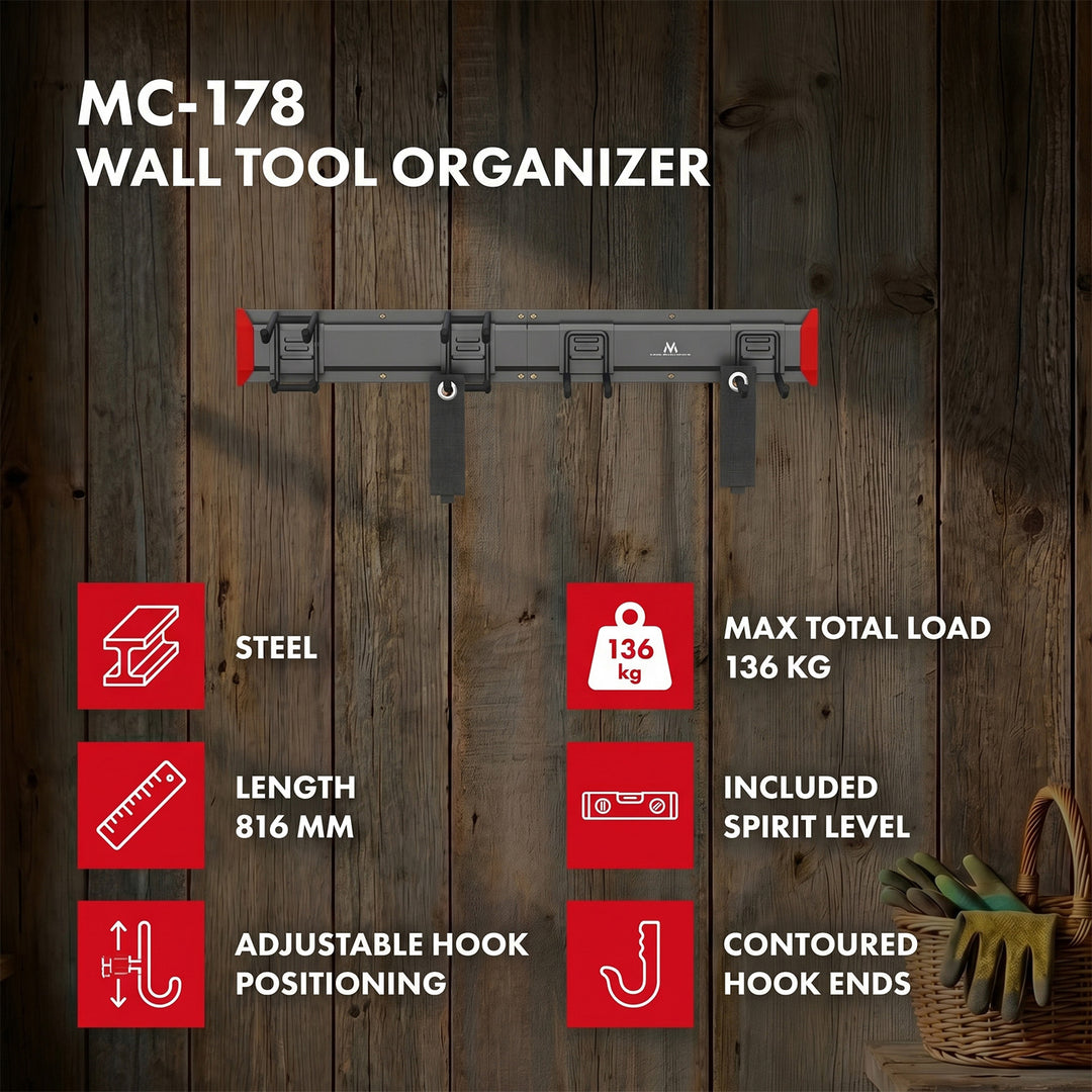 Organizador de pared para herramientas Maclean, de acero, carga máxima de 136 kg, anchura de 816 mm, MC-178