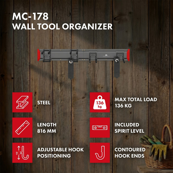 Organizador de pared para herramientas Maclean, de acero, carga máxima de 136 kg, anchura de 816 mm, MC-178