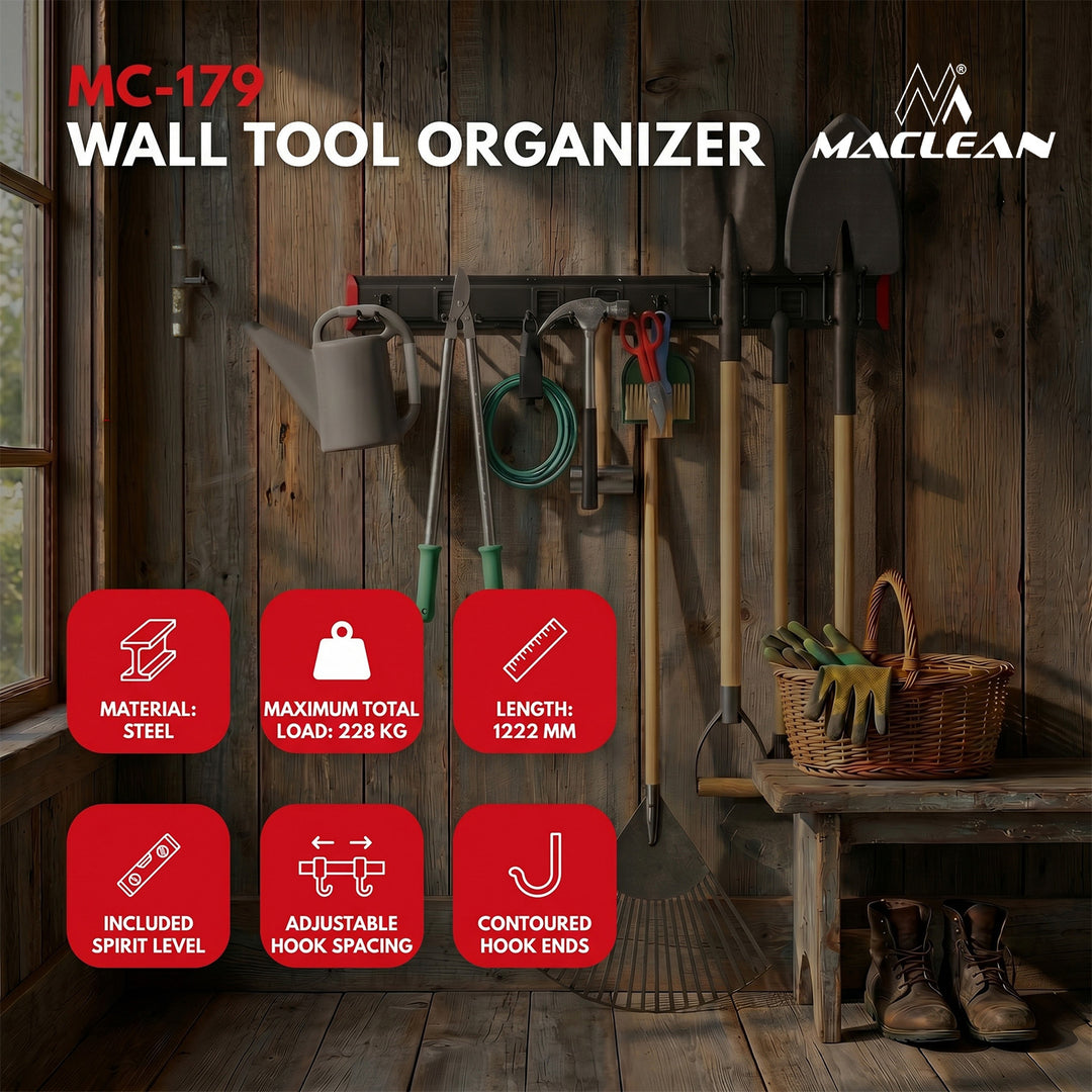 Organizador de pared para herramientas Maclean, de acero, carga máxima de 228 kg, anchura de 1222 mm, MC-179