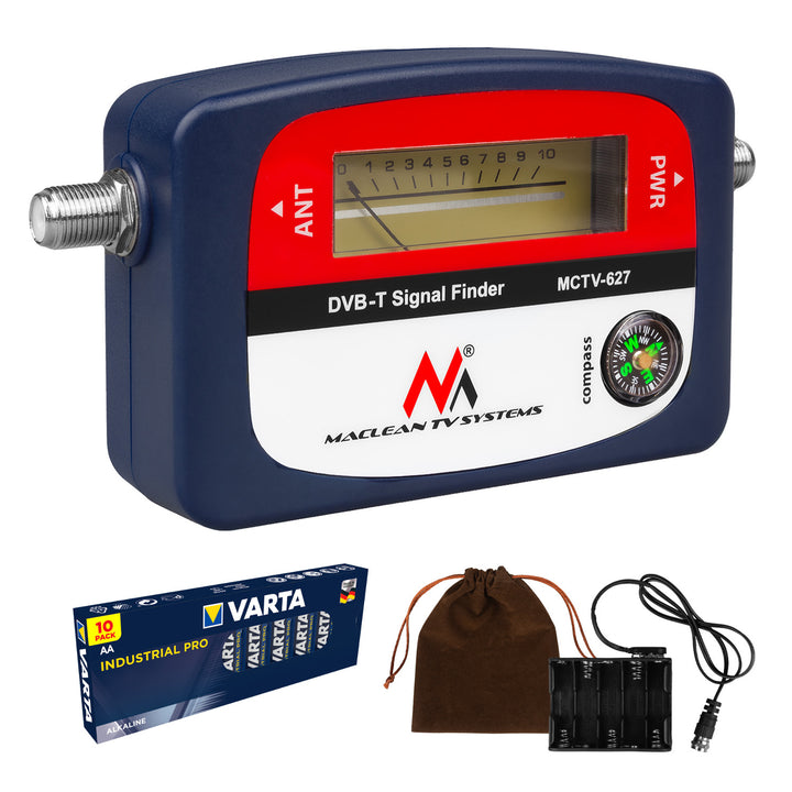 Medidor de TV DVB-T Maclean, maletín, cable de 25 cm F-F, MCTV-627 + 10 pilas AA Varta Industrial