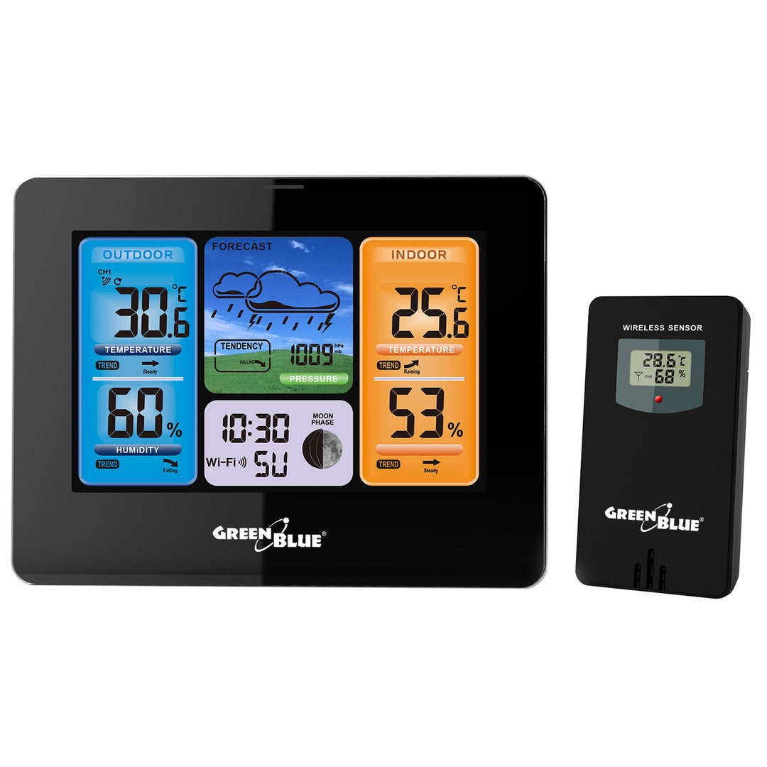 Estación meteorológica WiFi GreenBlue, compatible con TUYA, sensor exterior, calendario, previsión meteorológica, barómetro, adaptador de corriente, pilas, GB215