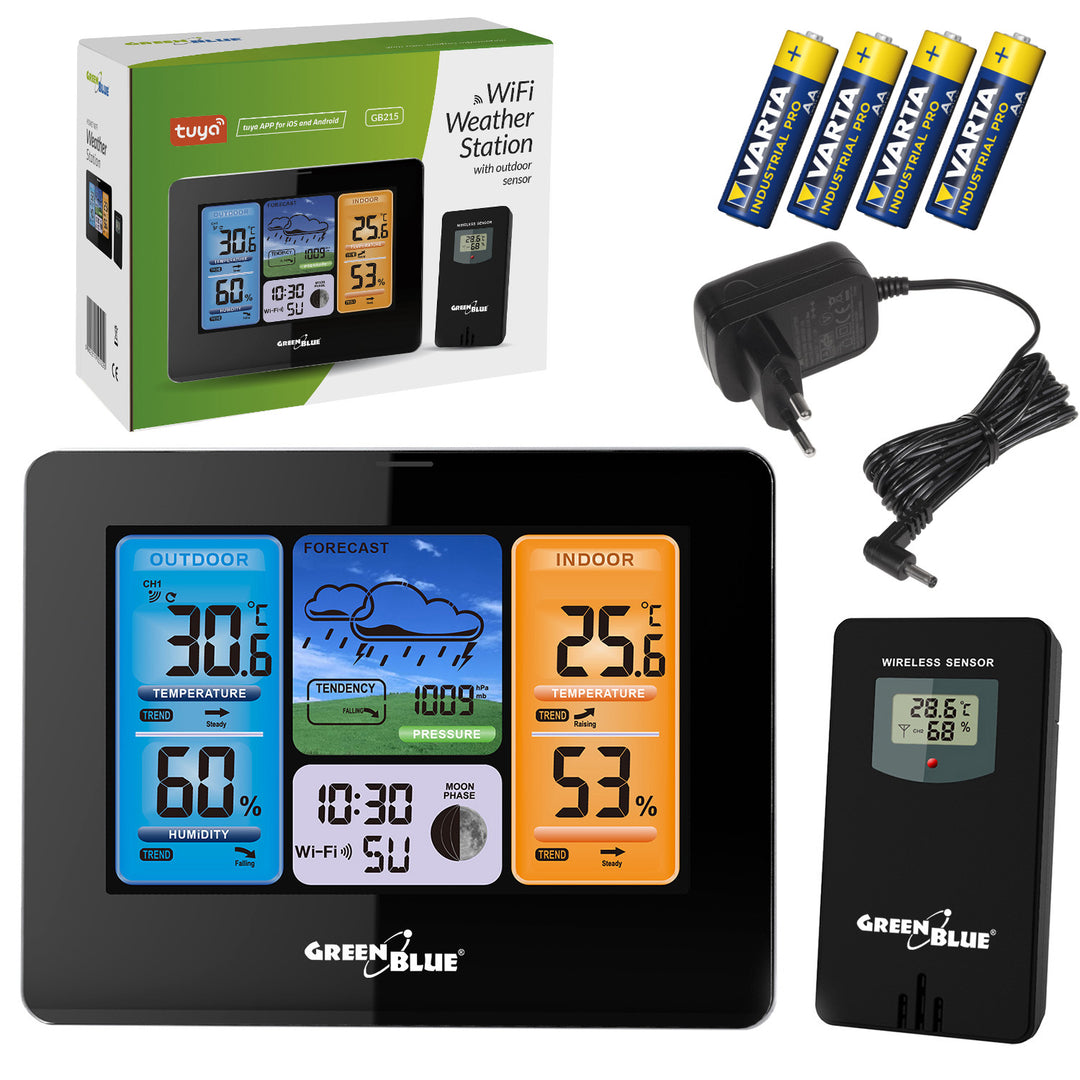 Estación meteorológica WiFi GreenBlue, compatible con TUYA, sensor exterior, calendario, previsión meteorológica, barómetro, adaptador de corriente, pilas, GB215